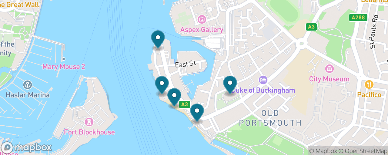 Map of the stops on “Free Old Portsmouth: the Point, Round Tower, Hot Walls, Sally Port and cathedral”