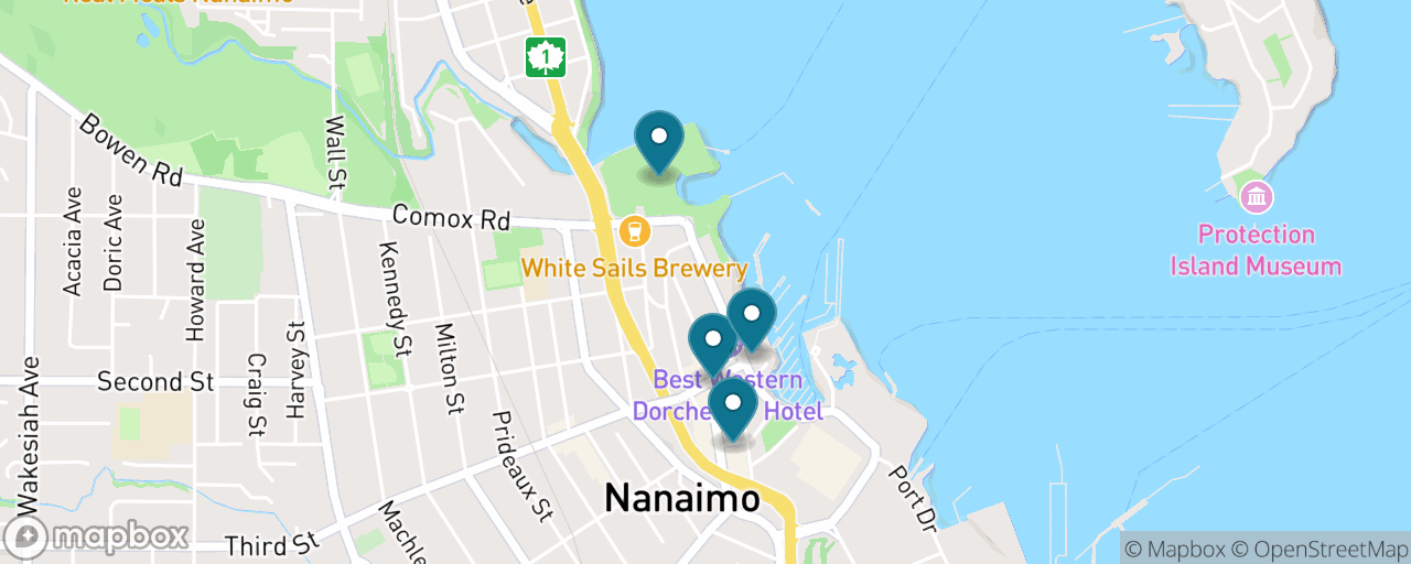Map of the stops on “Free Nanaimo: Waterfront, Parks & the Old Fort”