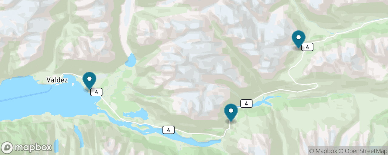 Map of the stops on “Valdez by Rental Car: Keystone Canyon & Worthington Glacier”