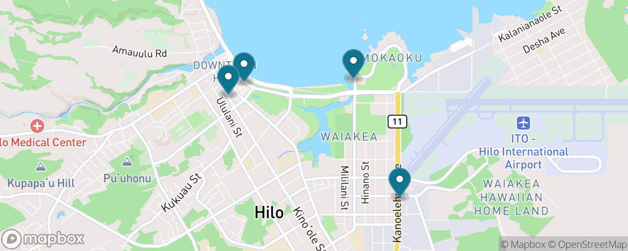 Map of the stops on “Hilo Food Trail: Poke, Market and Mac Nuts”