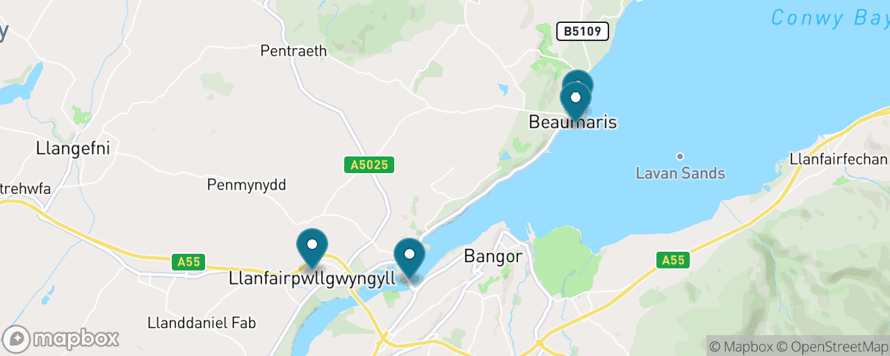 Map of the stops on “Beaumaris Castle & the Menai Strait”
