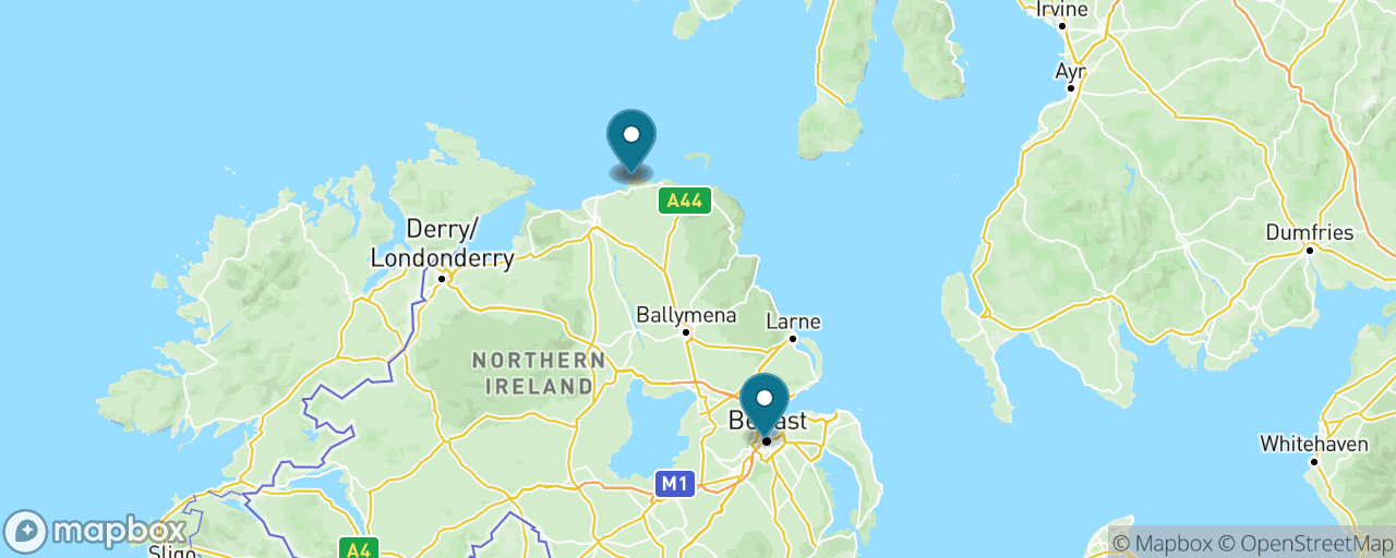 Map of the stops on “Giant's Causeway by Public Bus”