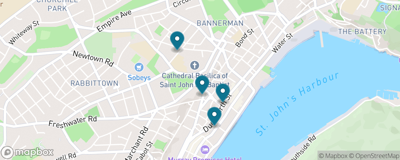 Map of the stops on “The Rooms & Heritage Walk”