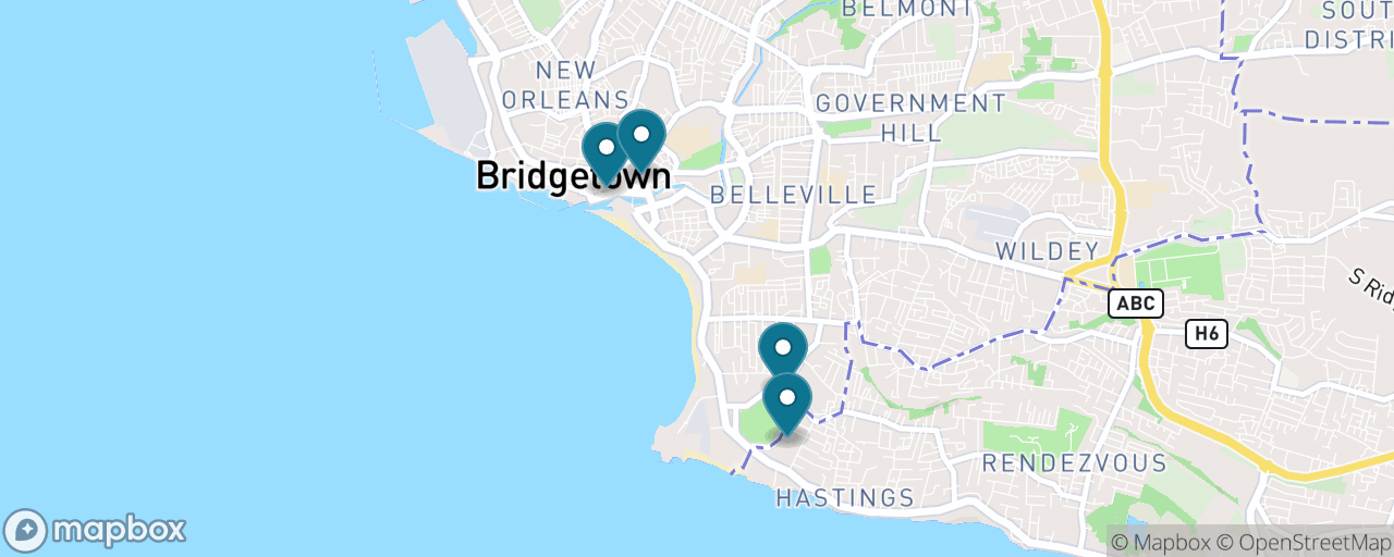 Map of the stops on “Two UNESCO Sites on Foot — Bridgetown & the Garrison”