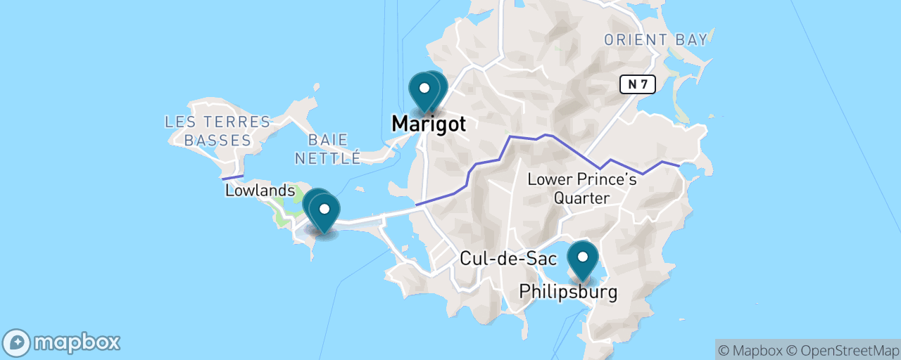 Map of the stops on “Two Nations in One Day — Philipsburg, Maho & Marigot by Local Bus”