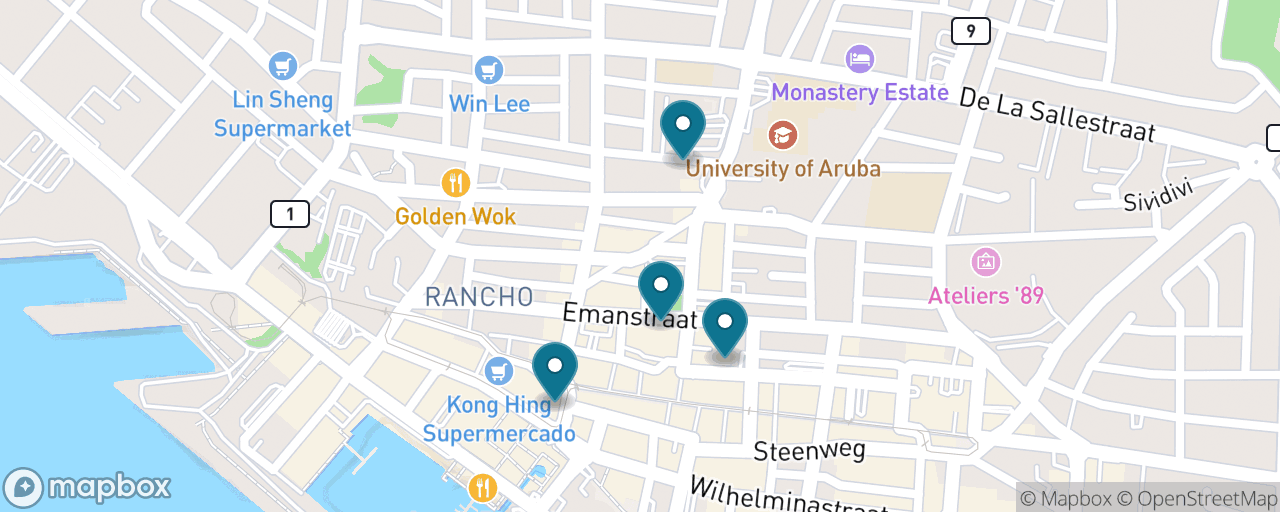 Map of the stops on “Oranjestad on Foot — A Free Dutch-Caribbean Old Town”