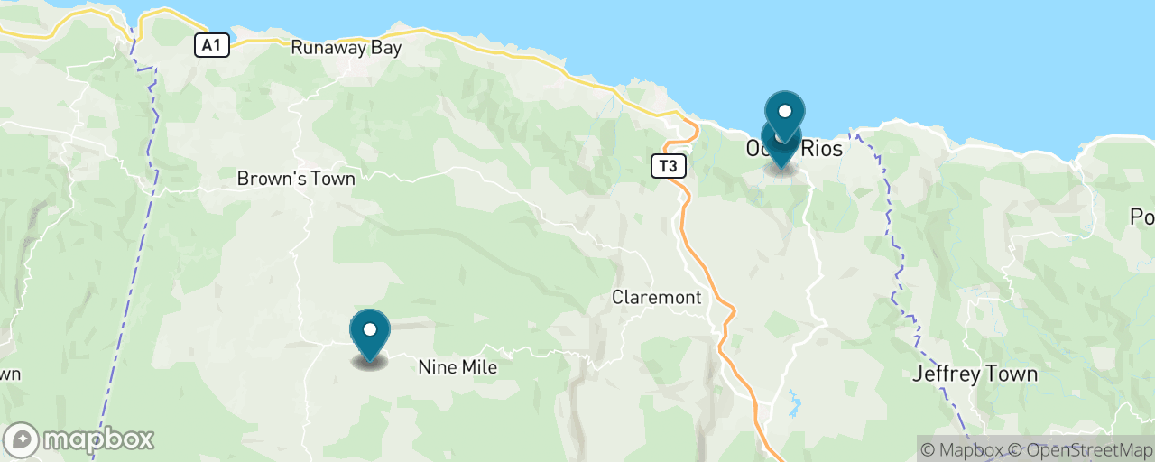 Map of the stops on “Bob Marley's Nine Mile Pilgrimage”