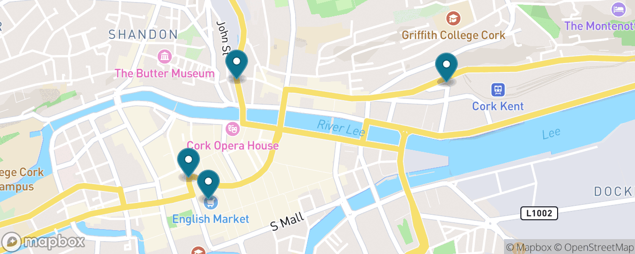Map of the stops on “Cork City by Train: Market, Bells & Backstreets”
