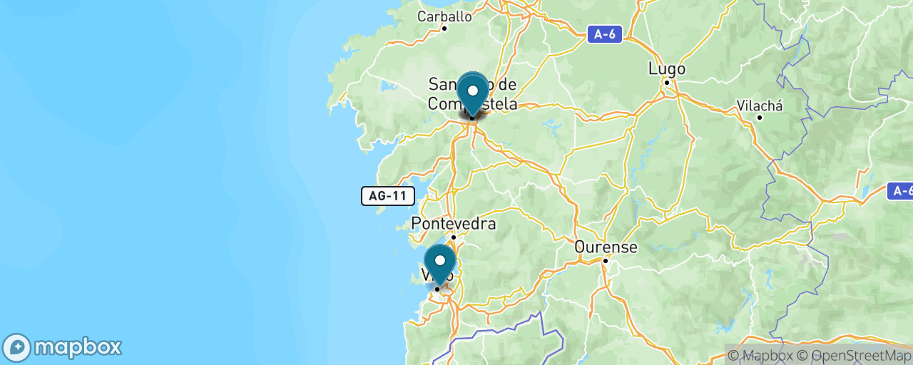 Map of the stops on “Santiago de Compostela by Train”