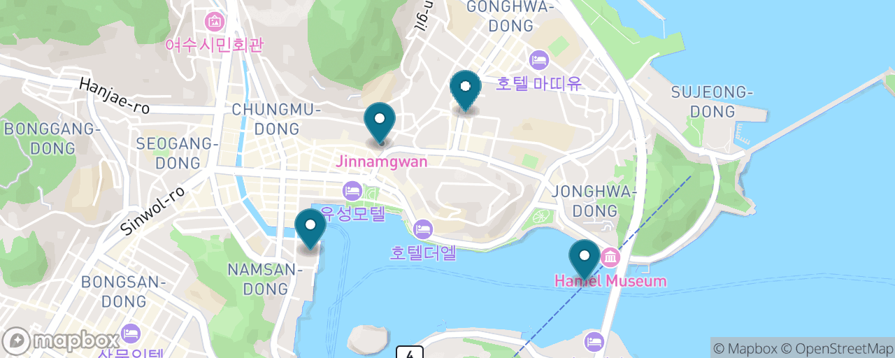 Map of the stops on “Yeosu Highlights: Sea Cable Car, Jinnamgwan & the Fish Market”