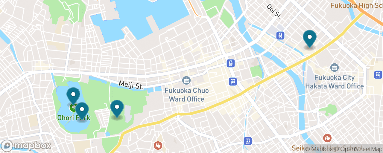 Map of the stops on “Fukuoka City Classic: Shrine, Temple & Ohori Park”
