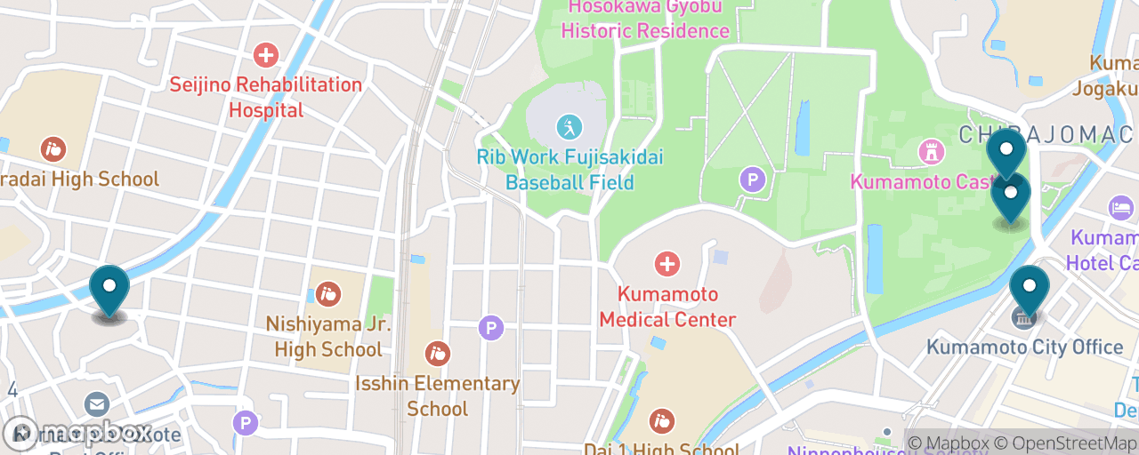 Map of the stops on “Kumamoto Castle-Town Food Walk”