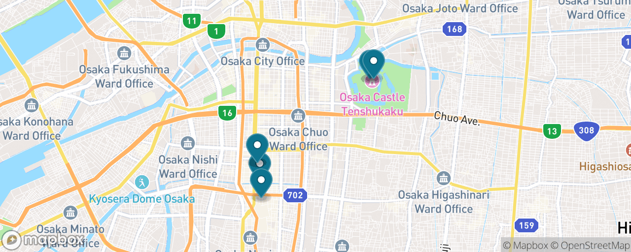 Map of the stops on “Osaka: Castle Keep & Dotonbori Neon”