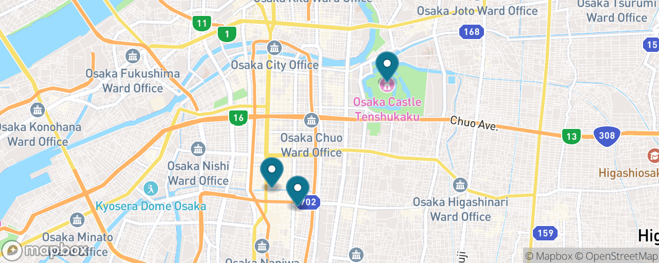 Map of the stops on “Osaka Castle & Dotonbori Classic”