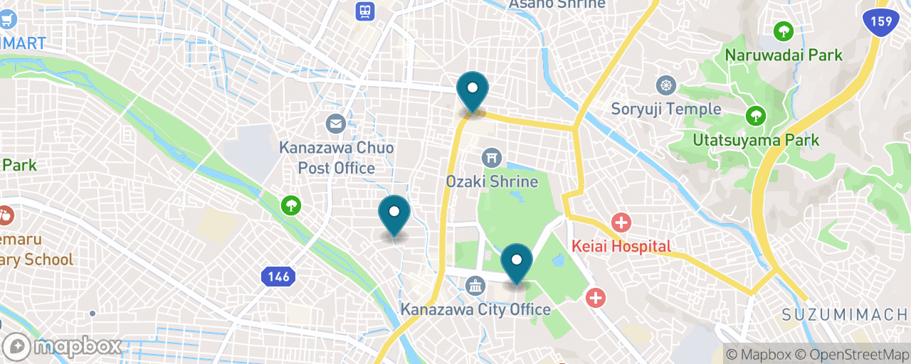 Map of the stops on “Rainy-Day Kanazawa: Museum, Market Halls & Gilding”