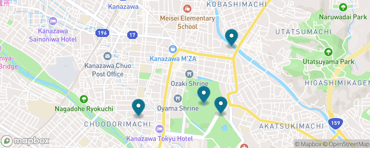 Map of the stops on “Free Kanazawa: Early Garden, Castle Park & Riverside Lanes”