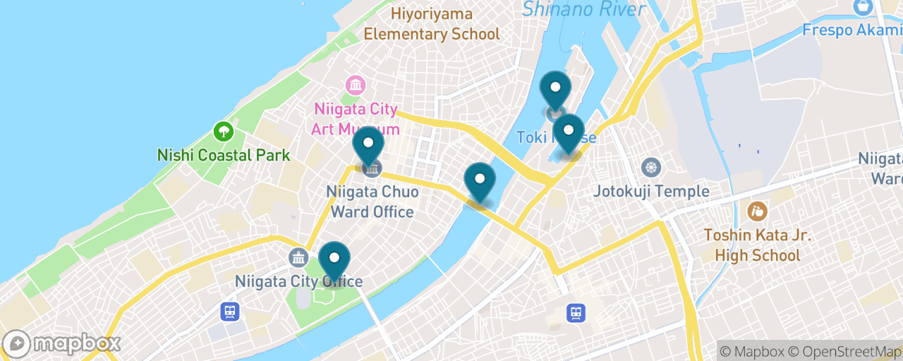 Map of the stops on “Free Niigata: Bandai Bridge, Furumachi & Hakusan Shrine”