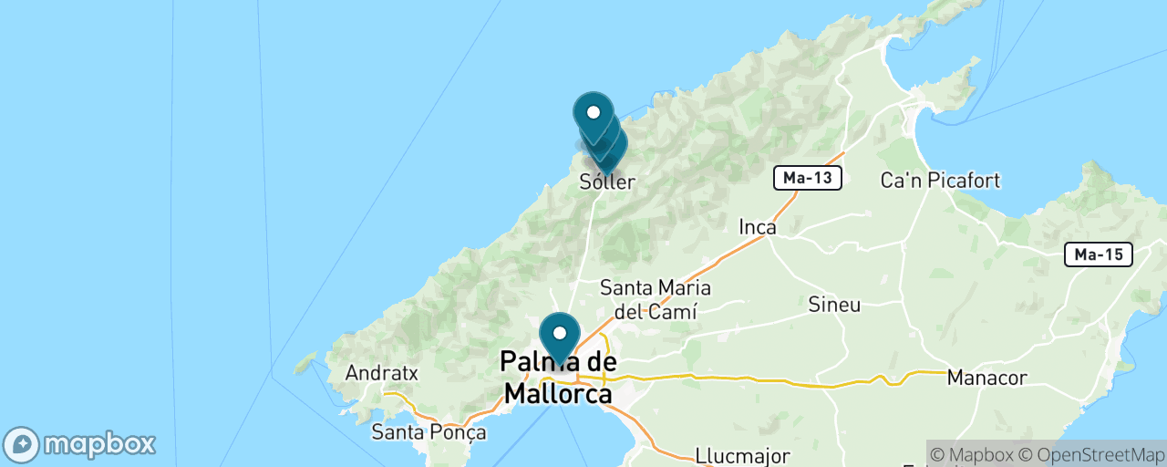 Map of the stops on “The Sóller Train & Tram”