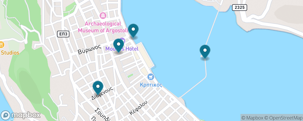 Map of the stops on “Argostoli for Free: Turtles, the Lagoon Bridge & the Gardens”