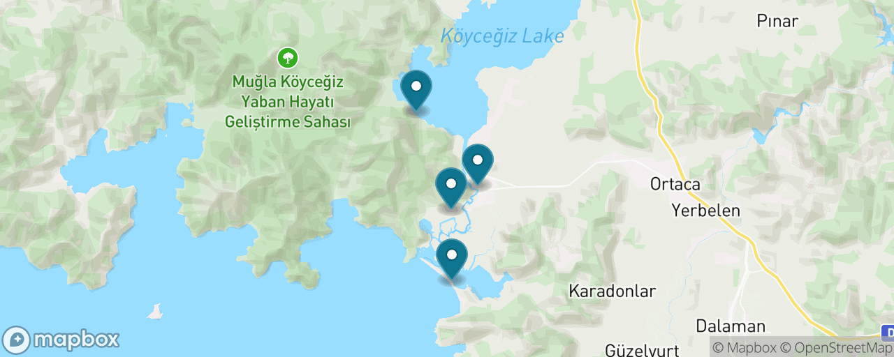 Map of the stops on “Dalyan River, Kaunos Tombs, Turtle Beach & Mud Baths”