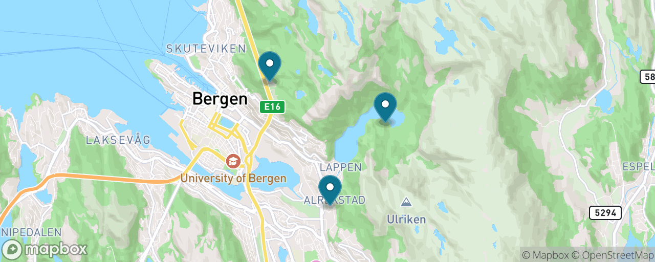 Map of the stops on “The Vidden Ridge: Ulriken to Fløyen”