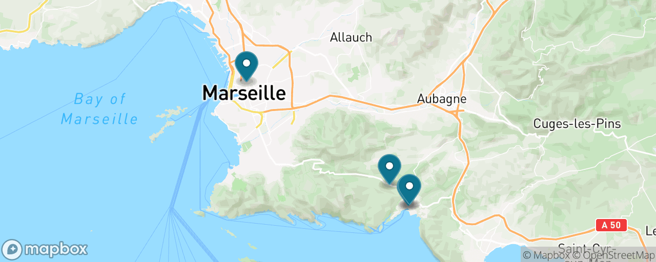 Map of the stops on “Cassis by train — the Calanques from the water”