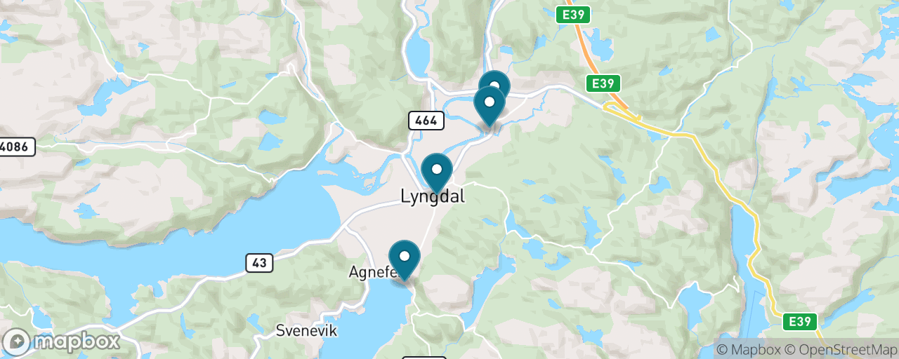 Map of the stops on “Free Lyngdal: Rosfjord Beach, the Fjord Walk and the Big White Church”
