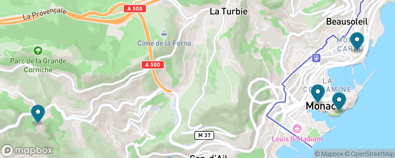 Map of the stops on “Èze and Monaco along the Corniche”