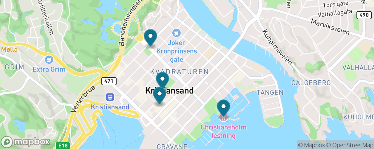 Map of the stops on “Old Town on Foot — the Free Kristiansand”